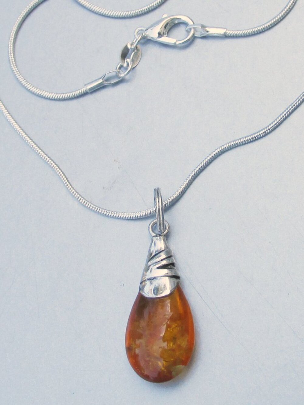 Vintage Sterling Silver Natural Honey Amber Teardrop Pendant 18" Necklace